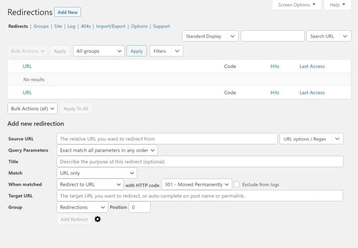 redirection plugin dashboard